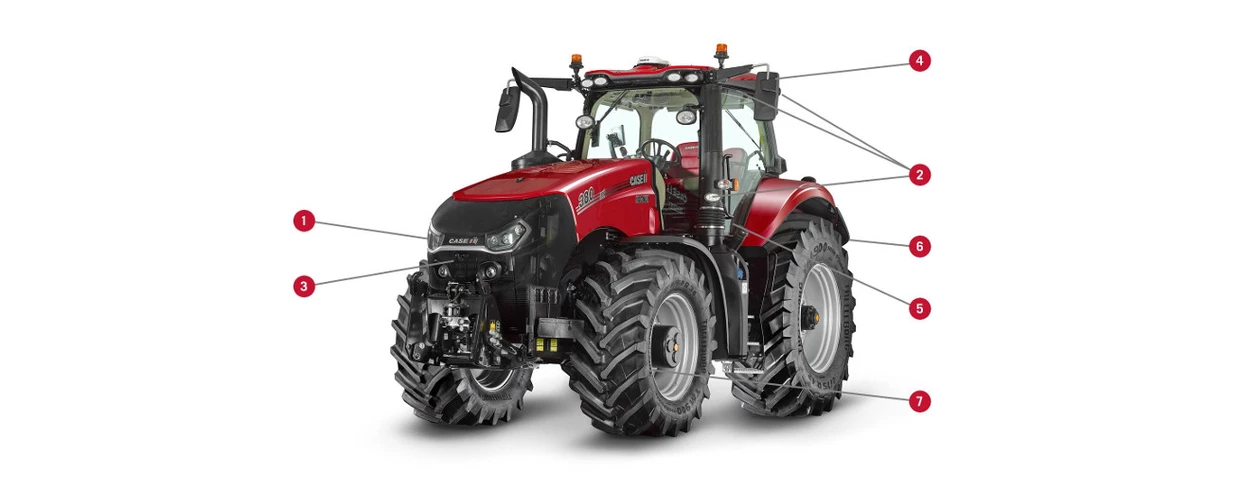 Case IH Magnum-traktor med detaljerte funksjonsmarkeringer, som viser nøkkelteknologier og designfunksjoner.