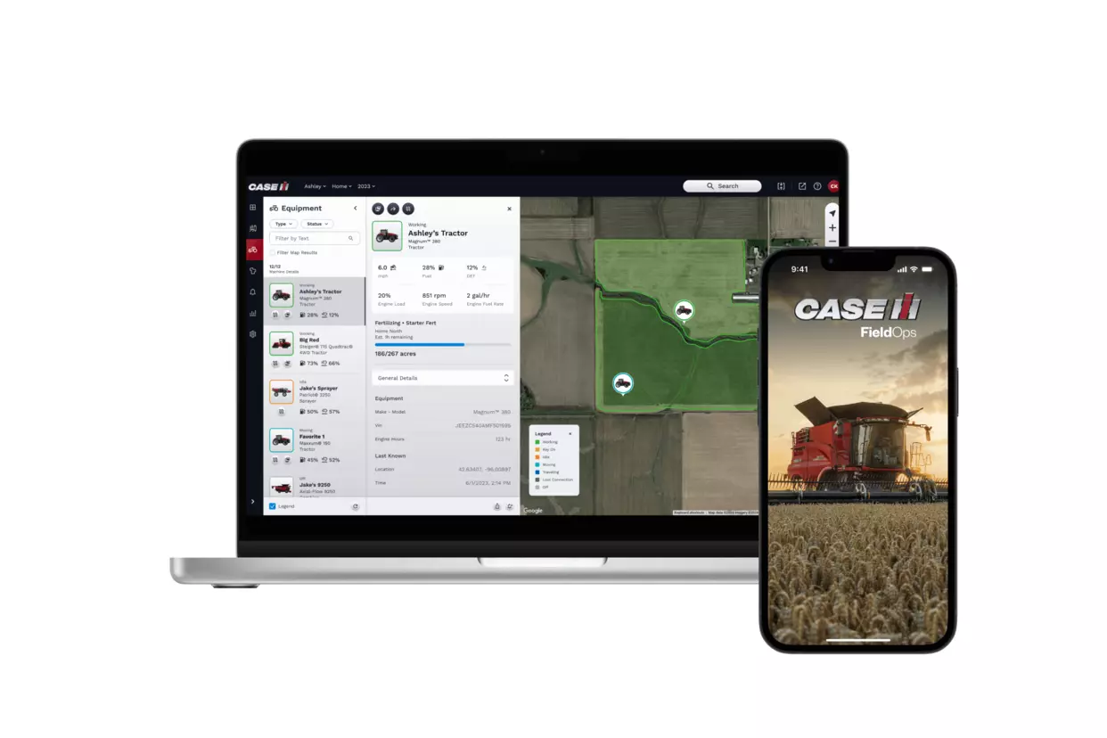 Case IH FieldOps™ app på bærbar PC og mobil – Skjermbilde av telematikkplattformen som viser maskindata og sanntidsposisjon.