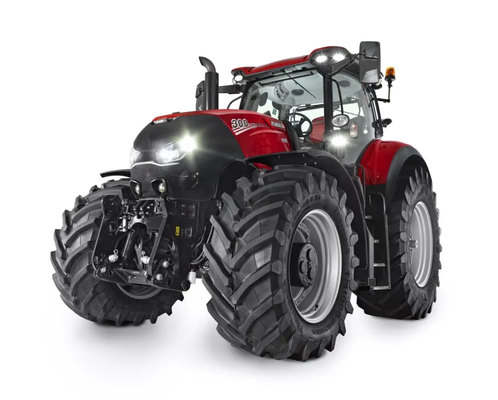 Case IH Optum 300 AFS Connect traktor med LED-lys på, sett forfra og fra siden.