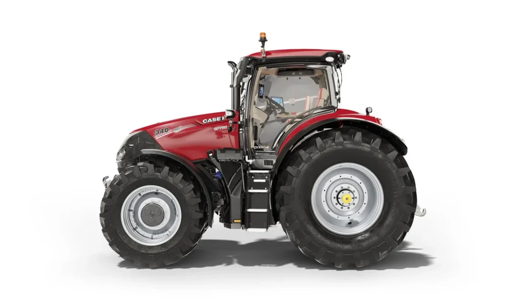 Case IH Optum 300 AFS Connect traktor sett i profil, med store Trelleborg-dekk og en kompakt design.