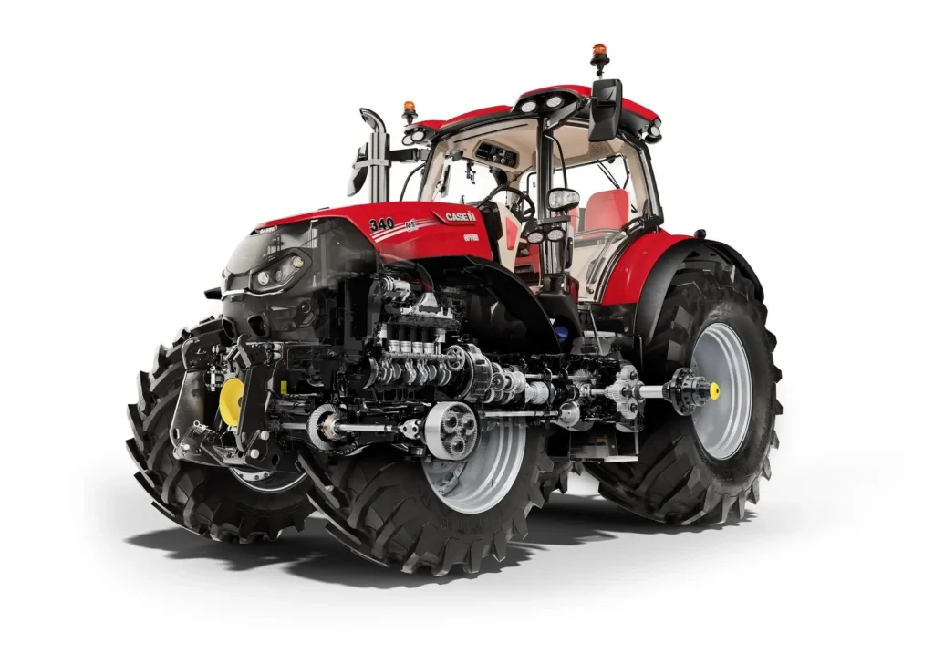 Case IH Optum 340 AFS Connect traktor i studio, med et rent design og synlige interne komponenter