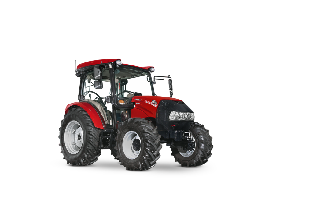 Case IH 75A traktor vist i profil mot en svart bakgrunn, som fremhever det kompakte og robuste designet