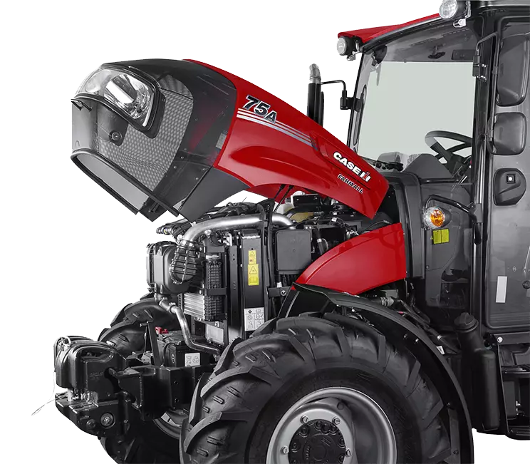 Case IH Farmall 75A traktor med åpent panser som viser motoren og interne komponenter.