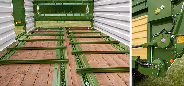 Innsiden av KRONE AX-vogn med kjetting på gulvet for transport av presset halm og åpne sidelister.