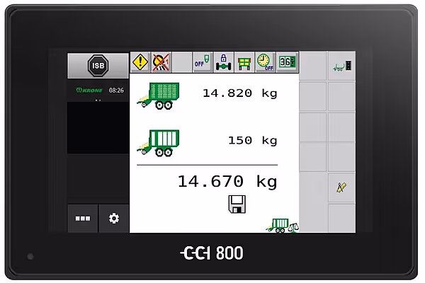Skjermvisning fra CCI 800 måleinstrument som viser vekt på vogn og tilhenger, samtLastesøyle-funksjonalitet.
