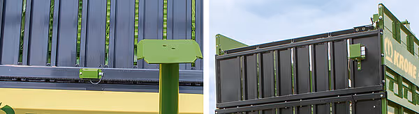 Detalj av åpen og lukket sidekant på KRONE AX vogn, viser både gul og grå varianter av sidevegg.