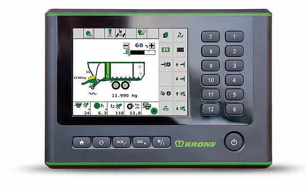 KRONE CCI 1200-styringsenhet med fargegrafikk, knappepanel og digitalt display for høyladercontroll.