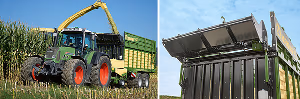 Fendt-traktor med gult kornsilokutter fyller grønn KRONE AX fôrvogn i maisakker.
