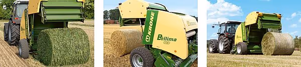Tre bilder som viser Krone Bellima rundballpresse i arbeid på åker med produksjon av rundballer.