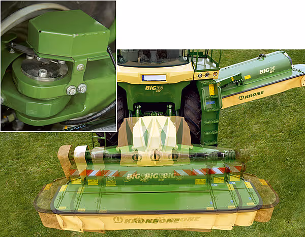 Detaljbilder av KRONE Big M 450 slåmaskin som viser slåttemekanismen, førerhus og rotorenheter. Maskinen fotografert fra ulike vinkler på grasmark.