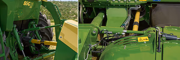 Detaljbilder av KRONE Big M maskinens tekniske komponenter og hydraulikksystem. Gul og grønn maskinpark med synlige rør og mekaniske deler.