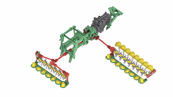 3D-modell av KRONE Big M 450 slåmaskin med grønt chassi og to slåenheter med gule kondisjoneringsvalser. Maskinen vises i utslått arbeidsposisjon.