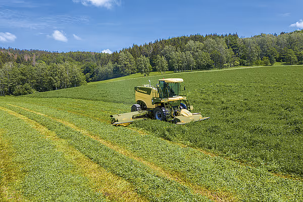 KRONE Big M 450 slåmaskin i arbeid på grønn eng med skogsområde i bakgrunnen. Maskinen klipper gress og etterlater seg slåtte striper.