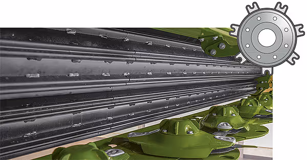 Teknisk illustrasjon av slåtteknivene og rotoren på KRONE Big M 450 med tannhjulsymbol som indikerer mekanisk funksjon.