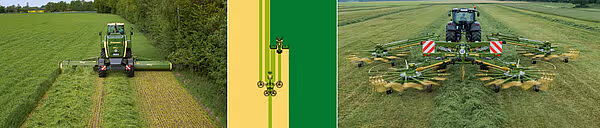 Detaljbilde av Krone Big M 450 sin grønne og gule fargekombinasjon, med innfelt bilder som viser maskinen i arbeid på åpen mark med bred arbeidsbredde.