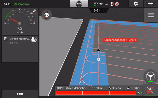 Skjermvisning fra KRONE maskinens GPS-styringssystem som viser presisjonsnavigering med blå arbeidsområde og røde kjøremønsterlinjer under slåttearbeid.