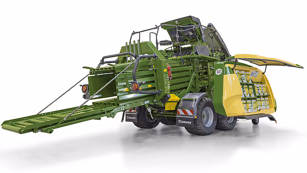 Teknisk illustrasjon av en Krone BigPack rundballpresse uten bakgrunn. Maskinen vises fra siden og fremhever de tekniske detaljene og konstruksjonen.