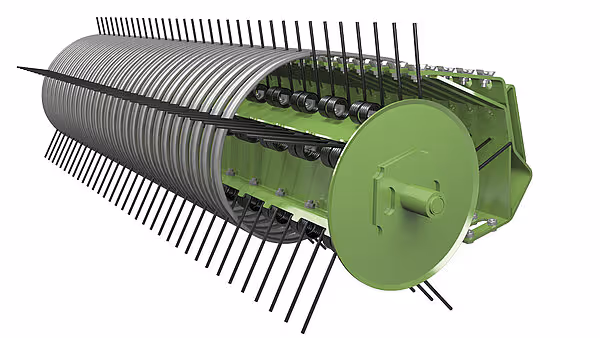3D-illustrasjon av oppsamlingsvalse med lange metallpigger for høyinnsamling. Valsen er del av KRONE Big Pack Generation 5 system.