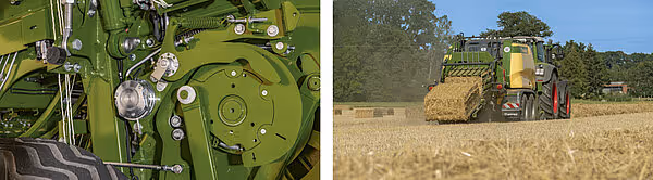 Detaljbilde av grønn drivenhet og mekanisme på KRONE BigPack Gen 5 storballepresse. Storballepresse i drift på kornstubber i bakgrunnen.