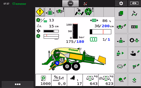Skjerm med ISOBUS-terminal som viser driftsparametere for ballpressen, inkludert ballengde, trykk og maskininnstillinger.