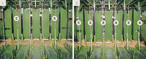 Innsyn i pressekammeret til Krone BigPack som viser de nummererte pressestemplene som komprimerer halmen.