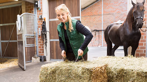 Kvinne i grønn vest undersøker kvaliteten på en presset storballe foran hestestall.
