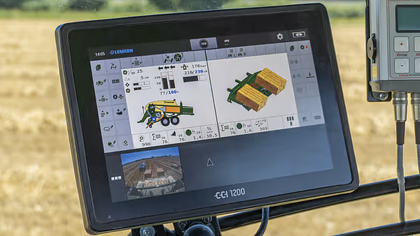 CCI 1200 terminal som viser ISOBUS-kontrollgrensesnitt for KRONE BigPack med maskinillustrasjoner og innstillinger.