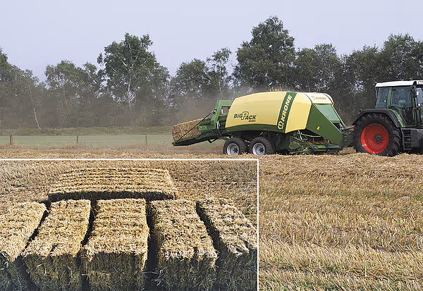 KRONE BigPack rundballpresse arbeider på åker med traktor, og et innfelt bilde viser ferdige halmballer arrangert på bakken. Maskinen produserer store runde baller av halm.