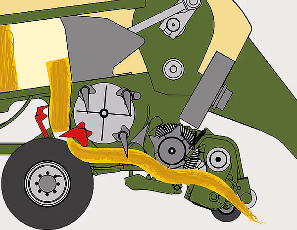 Detaljert skjematisk fremstilling av pickup og pressmekanismen i KRONE Big Pack HDP II storballpresse.