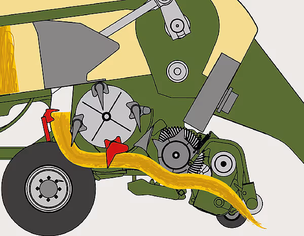 Detaljert illustrasjon av KRONE Big Pack HDP-II rundballpresses indre mekanisme med gul materialbane og grønne komponenter.