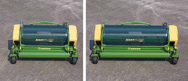 KRONE EasyFlow pickup-innsamler i to størrelser side om side – 3 meter og 3,8 meter arbeidsbredde.