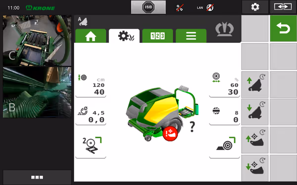 Skjermbilde fra KRONE maskinens kontrollsystem som viser en digital grensesnitt med grønn traktor-ikon og ulike innstillingsparametere. Displayet viser verdier som 120 cm, 40, 4,5 og 6,0.