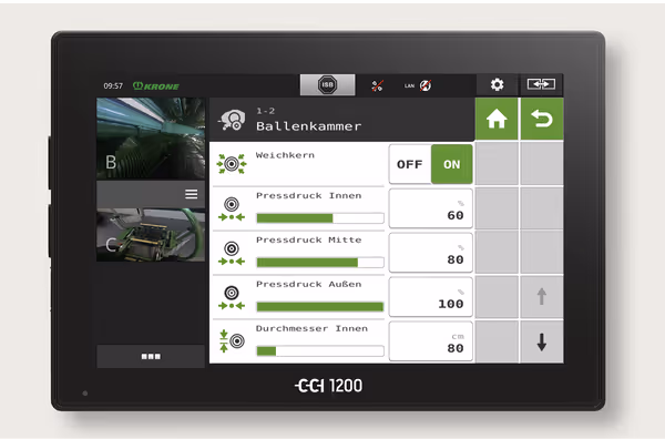 CCI 1200 kontrollskjerm som viser innstillinger for ballenkammer med ulike trykkinnstillinger og kontroller for landbruksmaskinen.