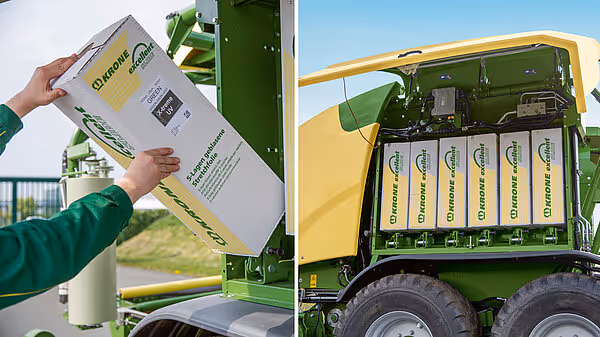 Operatør legger inn foliebeholder i KRONE rundballpresse og detaljbilde av folielageret inne i maskinen. Systemet viser organisert oppbevaring av plastfolie.