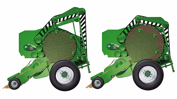 Teknisk illustrasjon som viser KRONE Comprima Plus rundballpresse i to posisjoner - med lukket og åpen bakkammer.