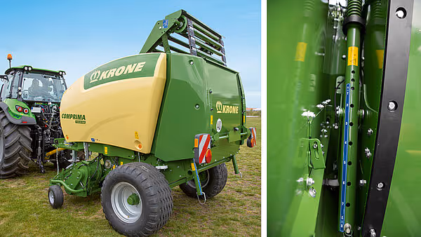 KRONE Comprima Plus rundballpresse med grønn og gul farge, samt detaljbilde av hydrauliske komponenter på høyre side.