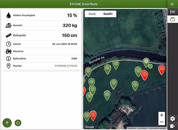KRONE SmartBale app viser GPS-kart med grønne og røde markører for balleplassering, samt balldata på venstre side.