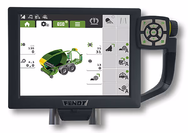 Fendt ISOBUS-terminal viser KRONE Comprima kontrollskjerm med maskinillustrasjon og betjeningsknapper.