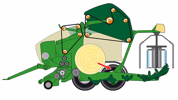 Teknisk snittegning av KRONE Comprima Plus som viser det indre mekaniske systemet og ballformingsprosessen.