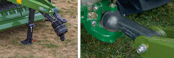 Detaljer av hydrauliske støtdempere og hjul på grønn KRONE Comprima rundballpresse.