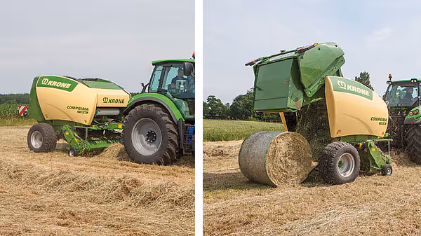KRONE Comprima rundballpresse i arbeid på stubbeåker, med traktor som trekker maskinen og en ferdig rundball som akkurat er produsert.