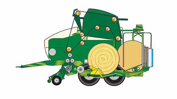 Teknisk tegning av KRONE Comprima rundballpresse som viser maskinens indre mekanikk og arbeidsflyt for ballpressing.