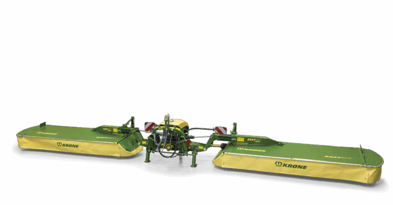 Krone EasyCut B frontmontert skiveslåmaskin med to sidehengte slåbjelker, sett forfra mot hvit bakgrunn.