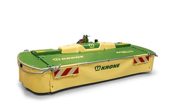 KRONE EasyCut F slåenhet i gul og grønn utførelse med hydraulisk løftesystem. Maskinen har beskyttelsesbeslag og reflekser for sikkerhet.
