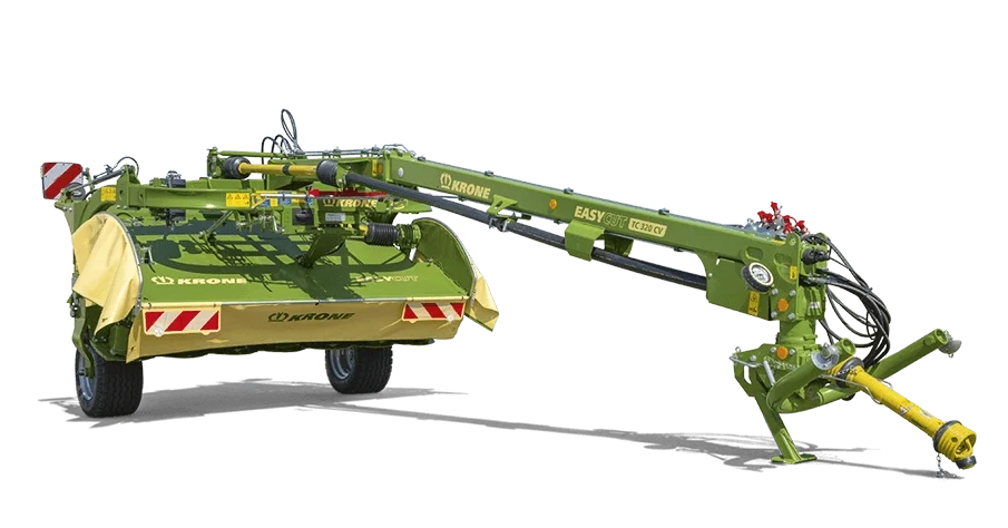 KRONE EasyCut slåmaskin med gul og grønn farge, vist mot svart bakgrunn. Maskinen har hydraulisk utfellbart slåtteverk og gummihjul for transport.