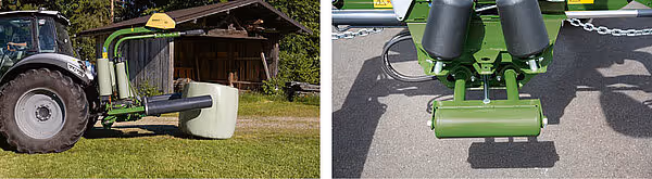 KRONE EasyWrap 150 rundballepresse i arbeid på eng med traktor, samt nærbilde av maskinens sylindersystem.