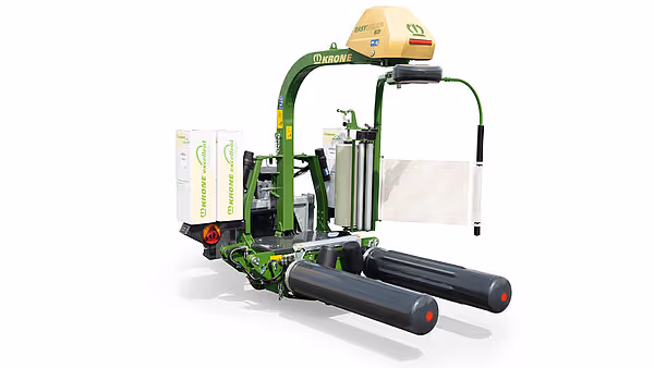KRONE EasyWrap 150 rundballepresser i perspektivvisning som viser maskineriet og filmrullene.