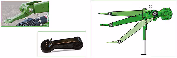 Tekniske detaljer av KRONE Fortima med fokus på hydraulikksylinder og mekaniske komponenter. Viser også skjematisk tegning av maskinens oppbygning.