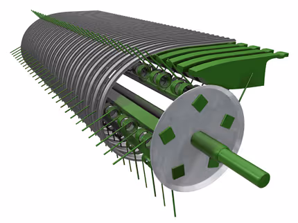 3D-illustrasjon av pickup-systemet på KRONE Fortima med roterende sylinder og tinner.