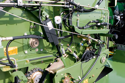 Detaljbilde av drivverket og transmisjonssystemet på en KRONE Fortima rundballpresse. Bildet viser hydraulikkslanger, drivaksler og mekaniske komponenter.